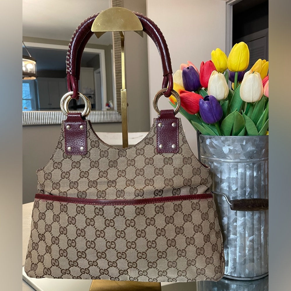 Gucci GG monogram and Bordeaux leather trimmed bag